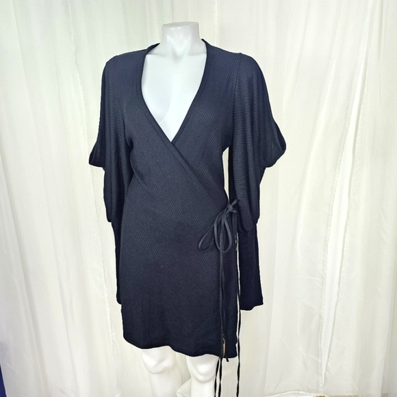 Anne Fontaine Dresses & Skirts - Anne Fontaine Aloyse Black Sweater Wrap Dress Slit Puff Balloon Sleeve Size 42